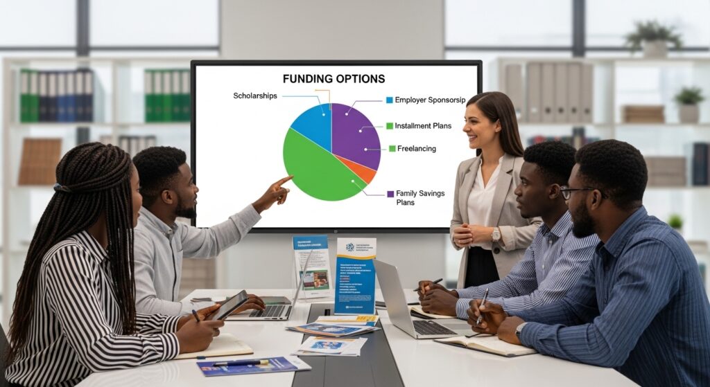 Positive and aspirational visual showing Nigerian students exploring multiple education funding options including: scholarships employer sponsorship programs installment payment plans freelancing opportunities family education savings plans modern educational advisory environment focused on affordability, access, and long-term academic success