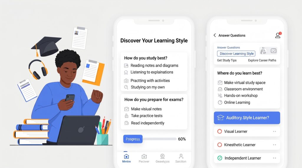 Mobile-friendly educational quiz interface showing multiple-choice learning preference questions such as study habits, exam preparation methods, and learning environments; colorful but professional assessment layout with student participation and learning style discovery workflow; modern career and education guidance design