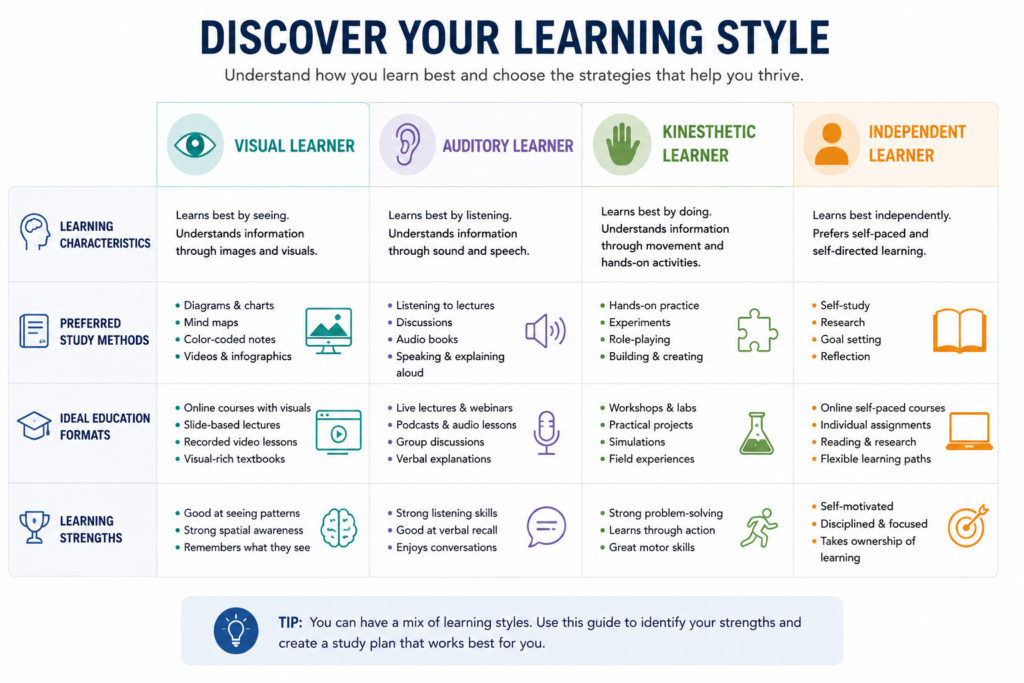 Professional infographic displaying: Visual Learner Auditory Learner Kinesthetic Learner Independent Learner with icons, learning characteristics, preferred study methods, ideal education formats, and learning strengths; clean educational psychology visualization designed for students exploring how they learn best