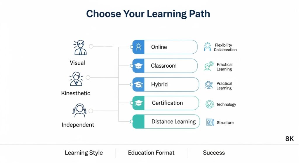 Comparison visual connecting learner personalities to education formats including: online degree programs classroom learning hybrid education practical certification programs distance learning pathways showing how different learning preferences influence academic success and program selection decisions