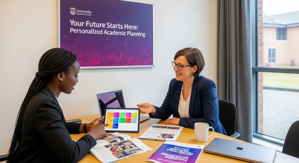 Student meeting with an academic advisor while reviewing degree programs, online learning options, career pathways, and learning style assessment results; modern education counseling environment featuring university admissions guidance, flexible study options, and personalized academic planning for Nigerian students
