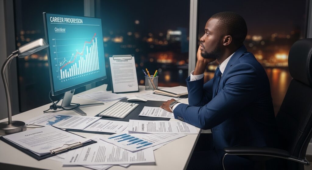 Frustrated Nigerian professional sitting at a desk surrounded by degrees, certificates, and professional qualifications while looking at a stagnant career progression chart; contrast between academic achievements and limited career growth; modern workplace environment highlighting the challenge of being overqualified but underpaid