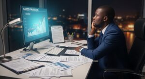 Frustrated Nigerian professional sitting at a desk surrounded by degrees, certificates, and professional qualifications while looking at a stagnant career progression chart; contrast between academic achievements and limited career growth; modern workplace environment highlighting the challenge of being overqualified but underpaid
