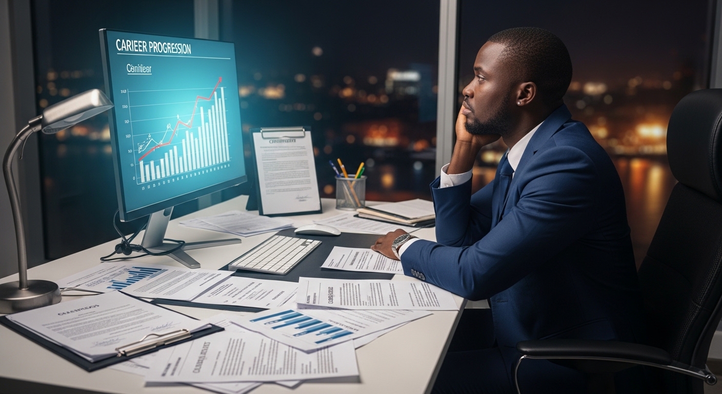 Frustrated Nigerian professional sitting at a desk surrounded by degrees, certificates, and professional qualifications while looking at a stagnant career progression chart; contrast between academic achievements and limited career growth; modern workplace environment highlighting the challenge of being overqualified but underpaid
