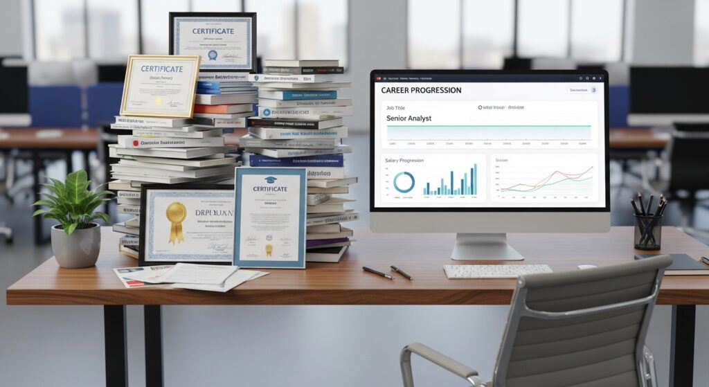Professional workspace showing a growing stack of certificates, diplomas, and online course completions alongside an unchanged job title and salary progression dashboard; visual representation of continuous learning without career advancement; realistic corporate career development scenario