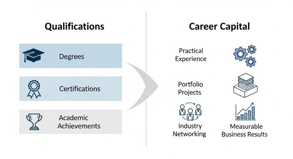 Split-screen comparison infographic: Left side: degrees certifications academic achievements Right side: practical experience portfolio projects industry networking measurable business results professional visualization explaining the difference between qualifications and career capital in modern employment markets