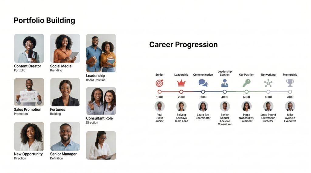 Modern career planning dashboard displaying a structured pathway: target role identification skill gap analysis strategic education selection practical application portfolio building career progression professional development environment featuring digital skills, certifications, degree pathways, and long-term career advancement planning supported by EduTech Business guidance