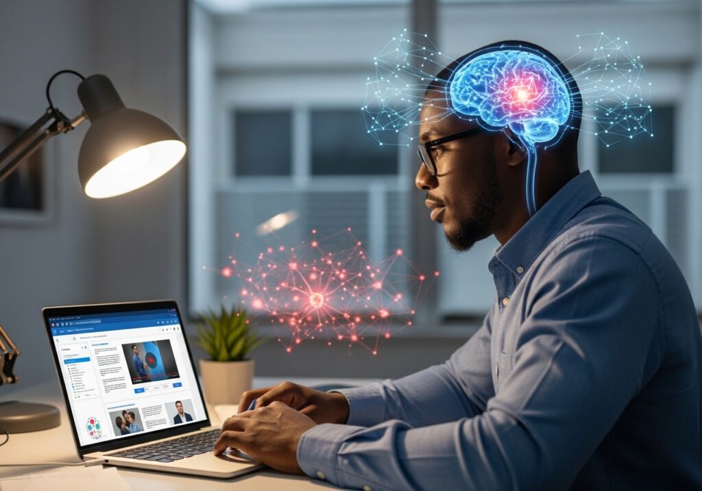 Adult professional actively learning through an online course while a visual representation of neural pathways expands around the brain; contrast between cognitive growth and cognitive decline; neuroscience-inspired lifelong learning environment showing education as mental exercise and brain development. It shows the benefits of continuous learning for the brain