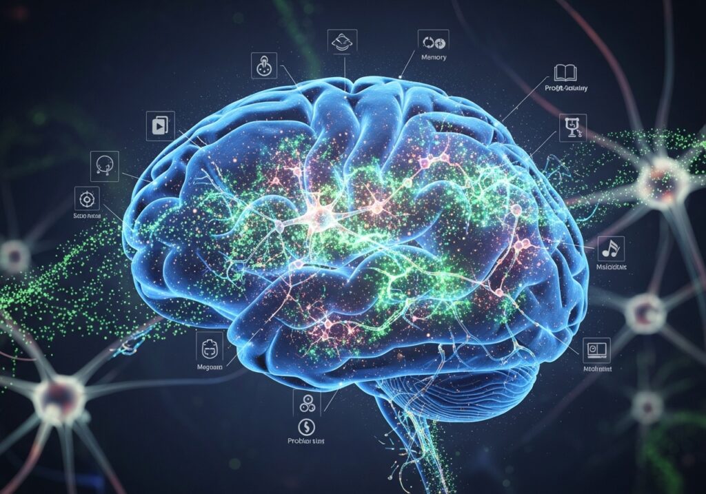 Detailed illustration of brain neural networks strengthening through learning activities, new connections forming between neurons, visual explanation of neuroplasticity, memory development, and cognitive stimulation through education. It shows the benefits of continuous learning for the brain