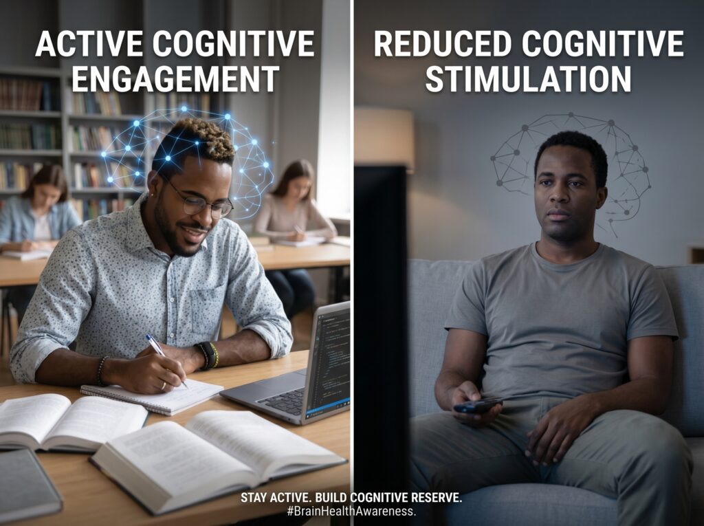 Split-screen comparison showing an intellectually active adult versus a cognitively disengaged adult; themes of memory decline, slower processing speed, reduced problem-solving ability, and the impact of mental inactivity over time.
