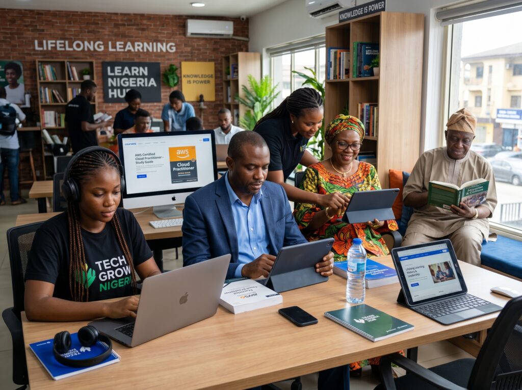 People in their 20s, 40s, 60s, and beyond participating in online education, professional certifications, reading programs, and lifelong learning activities; showing that learning remains valuable at every age.