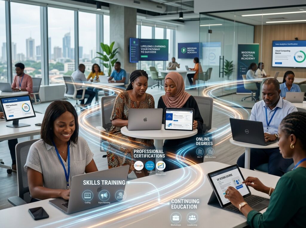 Modern digital learning ecosystem featuring online degrees, certifications, skills training programs, professional development courses, and accessible education options designed for adult learners.It shows the benefits of continuous learning for the brain