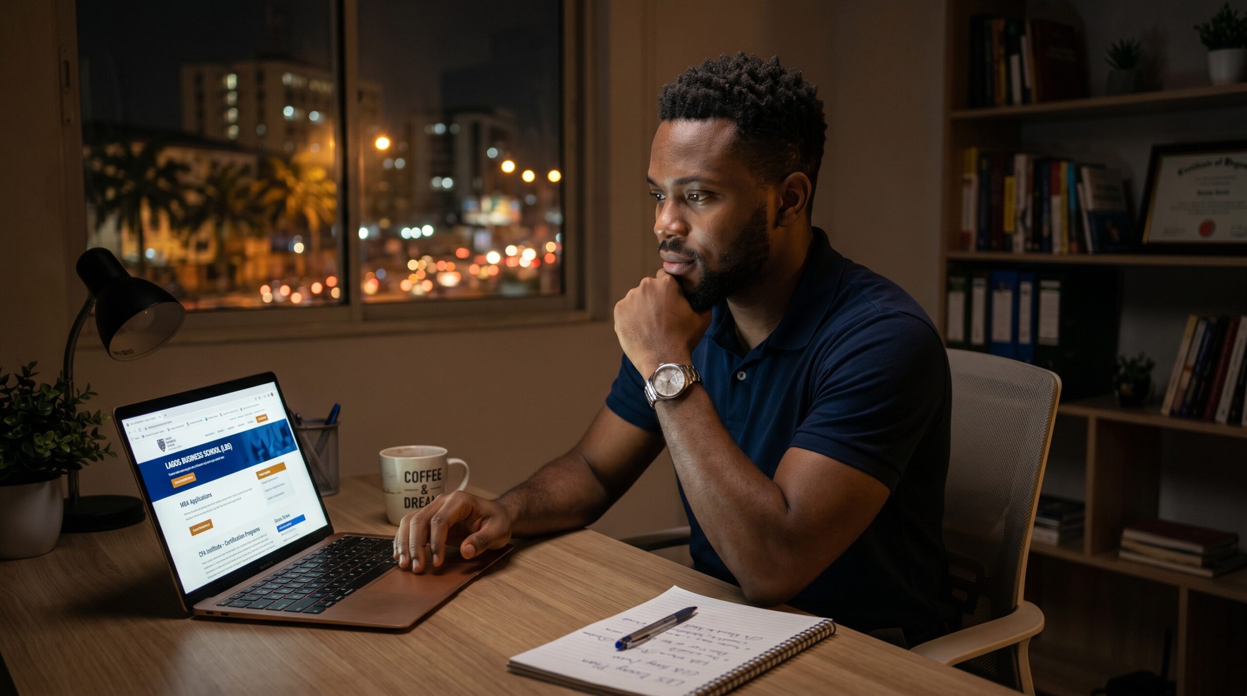 Adult professional sitting alone at night with a laptop displaying university and certification websites; quiet room illuminated by screen light; emotional moment of reflection, ambition, uncertainty, and personal transformation.