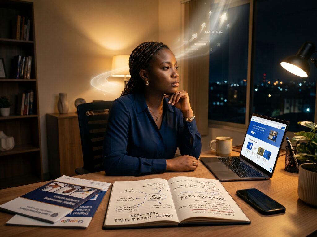 Late-night workspace showing unfinished goals, career planning notes, online education portals, and a person reflecting on future possibilities; visual representation of ambition becoming impossible to ignore.