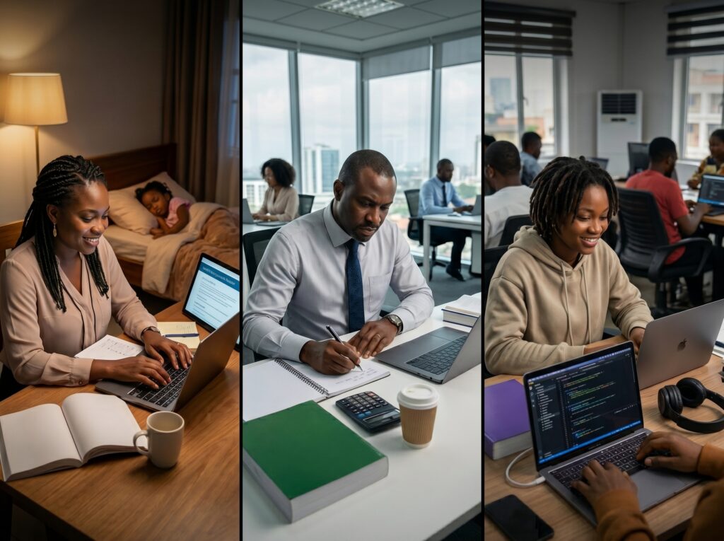 Diverse adult learners including a working parent, mid-career professional, and young graduate pursuing online learning opportunities that lead to career advancement and personal growth.