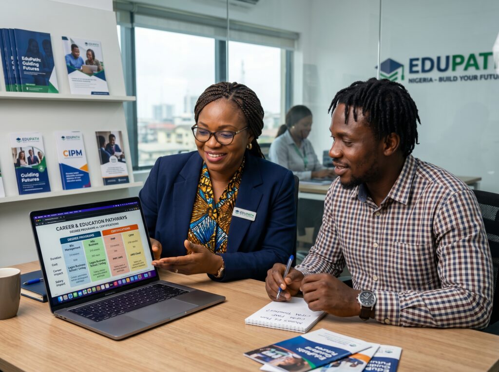 Professional education advisor helping an adult learner compare degree programs, certifications, career pathways, and flexible study options in a supportive consultation environment.
