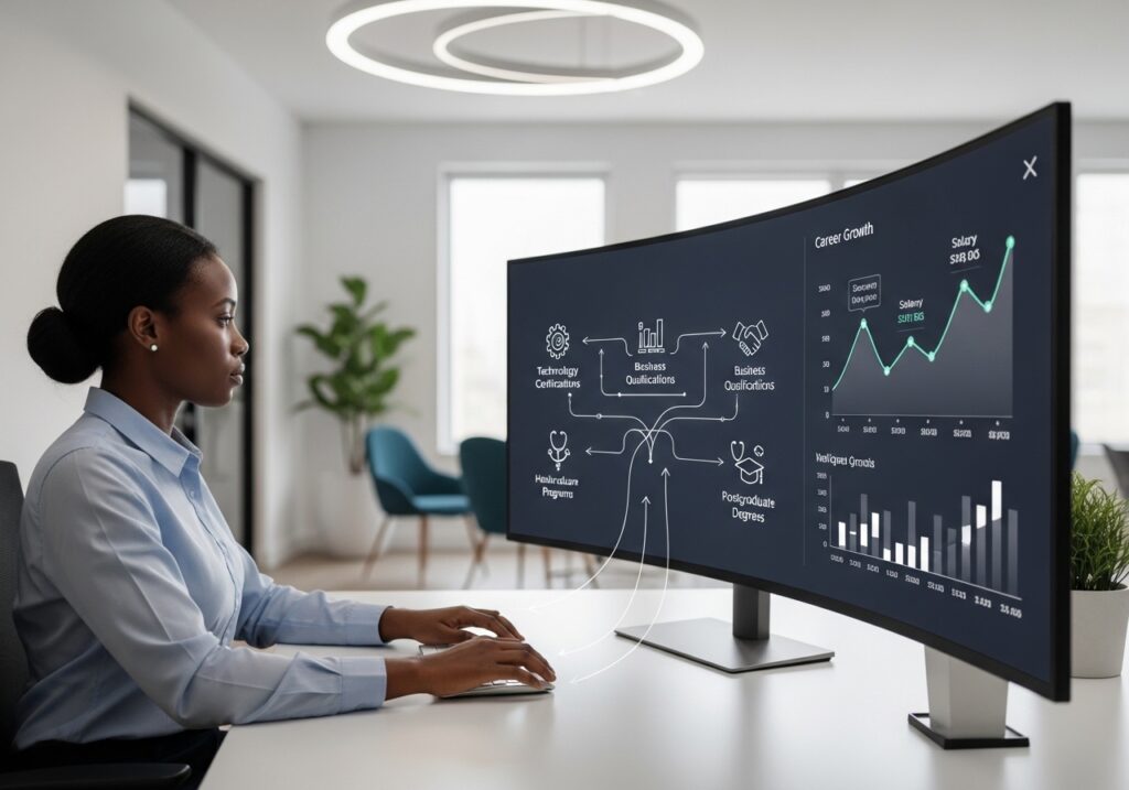Professional reviewing tuition fees, living expenses, opportunity costs, study timelines, and potential income increases before committing to an educational program.