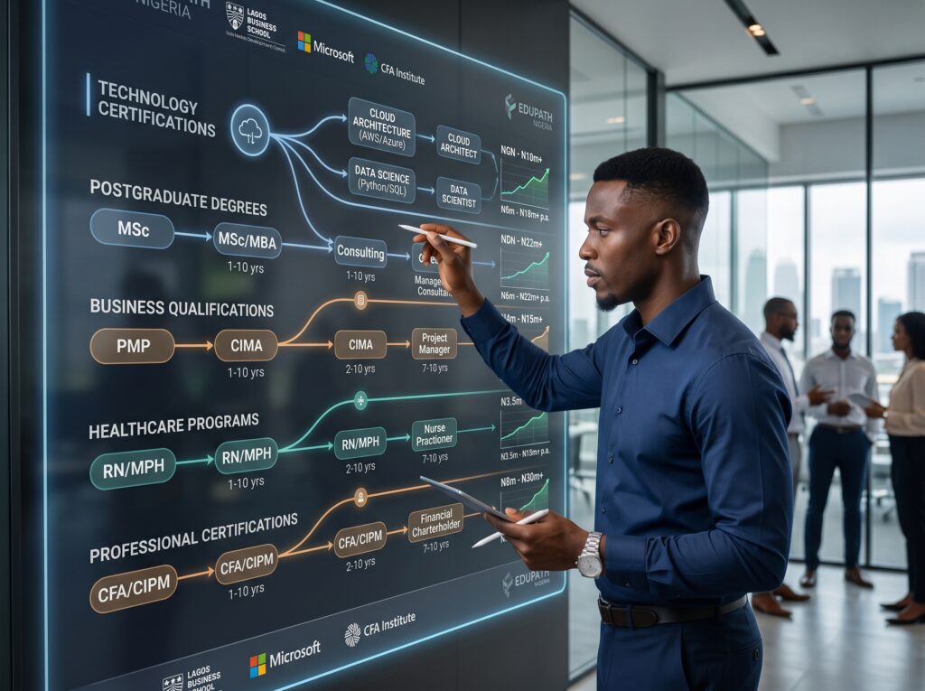 Visual comparison of technology certifications, postgraduate degrees, business qualifications, healthcare programs, and professional certifications connected to employment outcomes and salary growth.