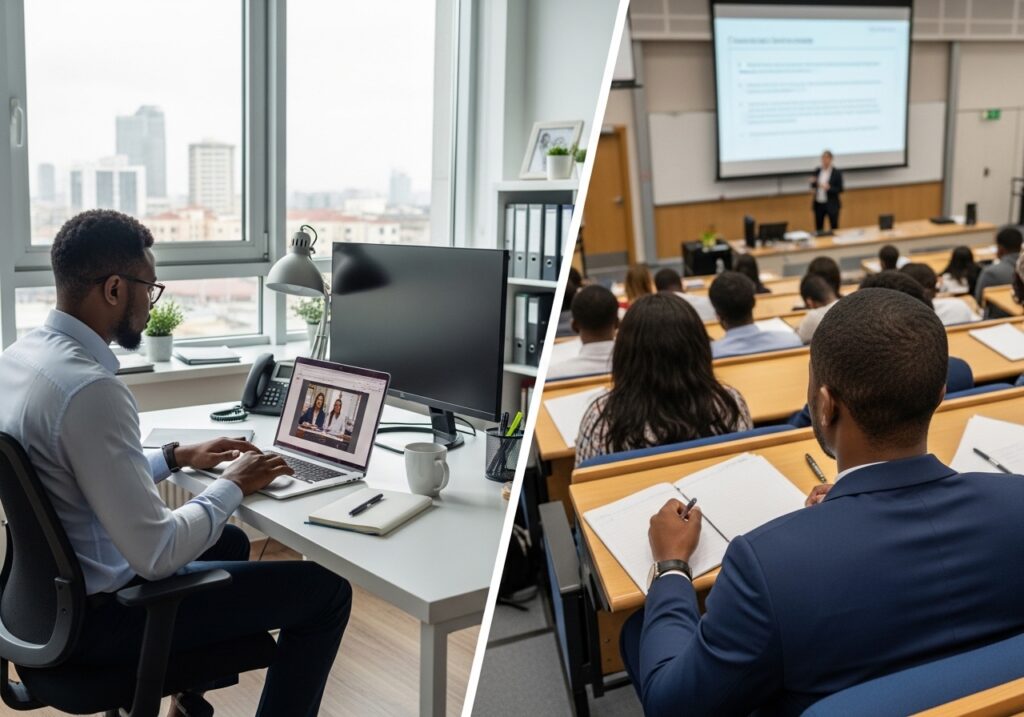 Side-by-side comparison of online and campus-based education showing flexibility, costs, income continuity, learning accessibility, and long-term financial return.
