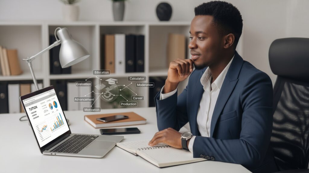 Professional evaluating education investments through a financial dashboard displaying tuition costs, salary projections, return on investment calculations, career growth forecasts, and education decision metrics.