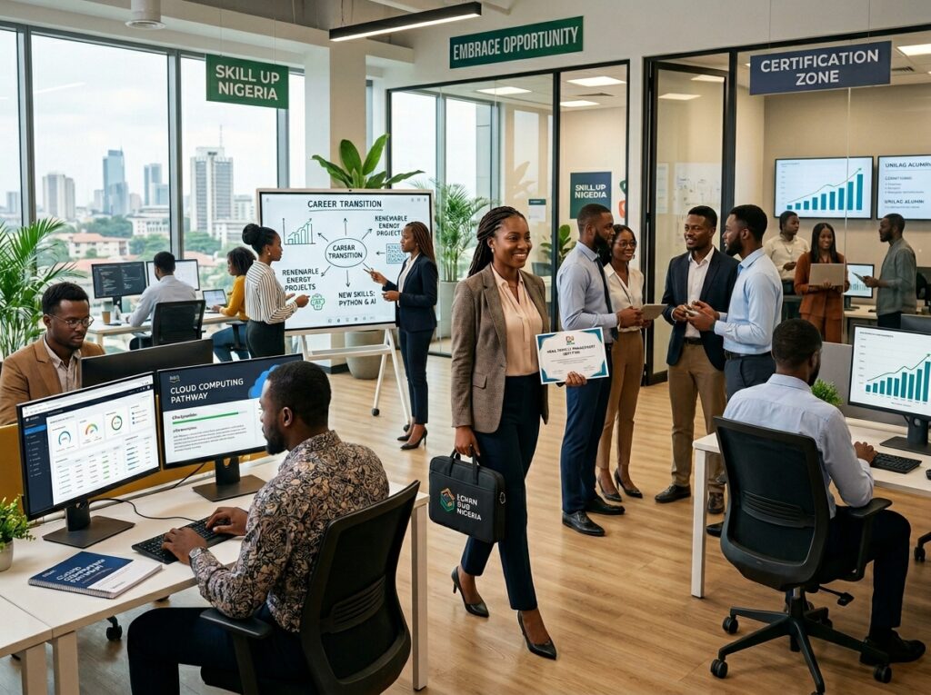 Modern workforce illustration showing professionals transitioning between industries, upgrading skills, pursuing certifications, and embracing new career opportunities.