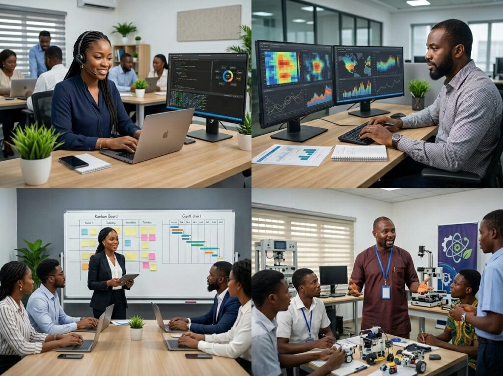 Four professionals representing career transitions from teaching to technology, accounting to analytics, marketing to project management, and engineering to education leadership.