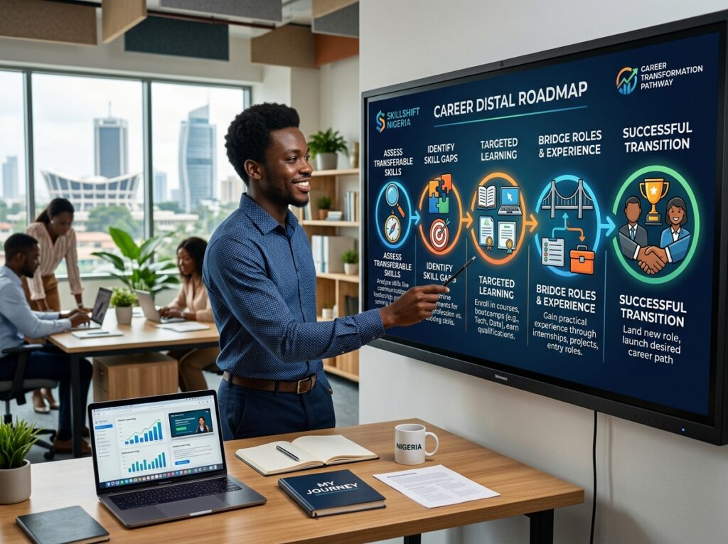 Structured roadmap showing transferable skills assessment, identifying skill gaps, targeted education pathways, bridge roles, and successful career transition strategies.