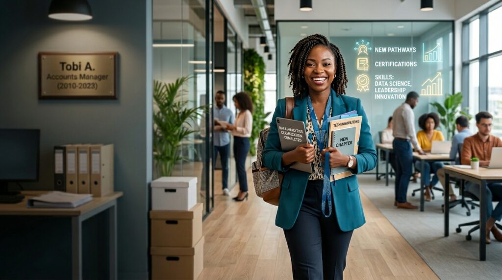 Confident mid-career professional beginning a new career journey; old professional identity fading into the background while new opportunities, skills, certifications, and career possibilities emerge.
