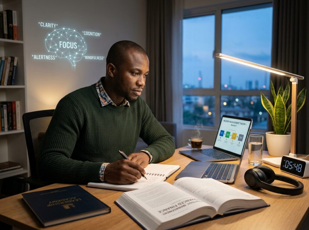 Scientific productivity visual highlighting focus, alertness, mental clarity, reduced distractions, and cognitive performance during early morning study sessions.