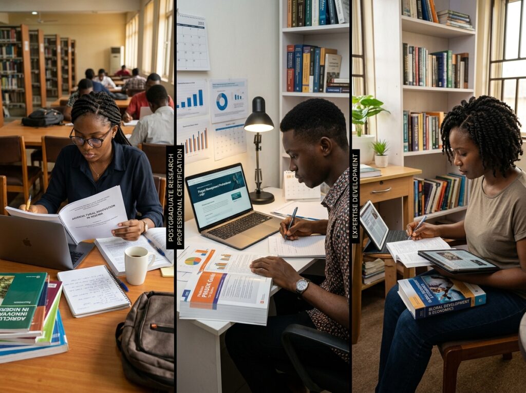 Three learner profiles including a postgraduate student, certification candidate, and professional reader building expertise through consistent pre-work learning habits.