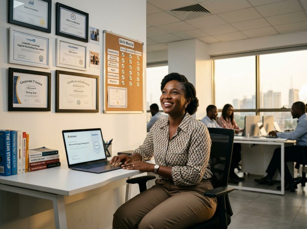 Professional completing online courses and certifications through short but consistent study sessions that compound into significant career and skill development over time.