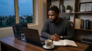 Dedicated professional studying before sunrise with laptop, notebook, coffee, and online course materials; calm and productive environment emphasizing discipline and self-development.