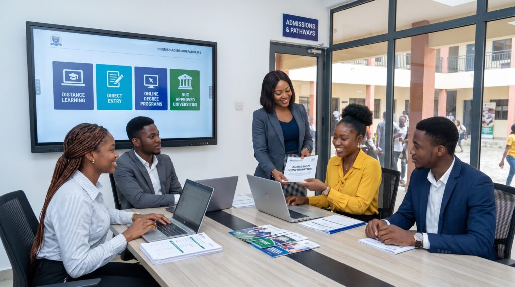 A diverse group of Nigerian students meeting with a professional education advisor inside a modern university admissions office, reviewing multiple admission pathways on a large digital display showing Distance Learning, Direct Entry, Online Degree Programs, and NUC Approved Universities. Include visuals representing laptops, admission documents, university logos (generic), graduation caps, and a confident student receiving an admission confirmation. Bright, professional atmosphere focused on opportunity, accredited education, and alternative admission pathways in Nigeria.