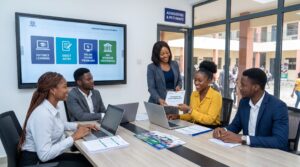 A diverse group of Nigerian students meeting with a professional education advisor inside a modern university admissions office, reviewing multiple admission pathways on a large digital display showing Distance Learning, Direct Entry, Online Degree Programs, and NUC Approved Universities. Include visuals representing laptops, admission documents, university logos (generic), graduation caps, and a confident student receiving an admission confirmation. Bright, professional atmosphere focused on opportunity, accredited education, and alternative admission pathways in Nigeria.