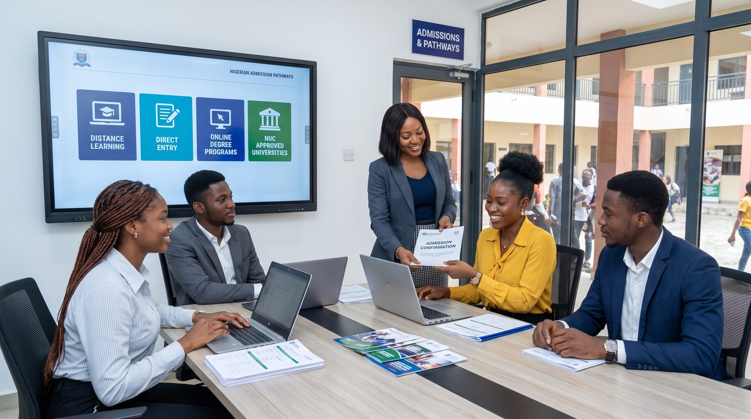 A diverse group of Nigerian students meeting with a professional education advisor inside a modern university admissions office, reviewing multiple admission pathways on a large digital display showing Distance Learning, Direct Entry, Online Degree Programs, and NUC Approved Universities. Include visuals representing laptops, admission documents, university logos (generic), graduation caps, and a confident student receiving an admission confirmation. Bright, professional atmosphere focused on opportunity, accredited education, and alternative admission pathways in Nigeria.