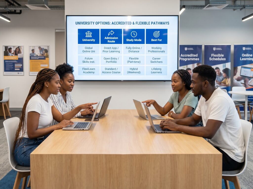 A clean comparison table visual featuring African students exploring different accredited university options on laptops. Include columns for: University Admission Route Study Mode Best For Represent institutions generically while highlighting online learning, distance education, flexible schedules, and accredited programmes. Modern university consultation setting with educational branding.