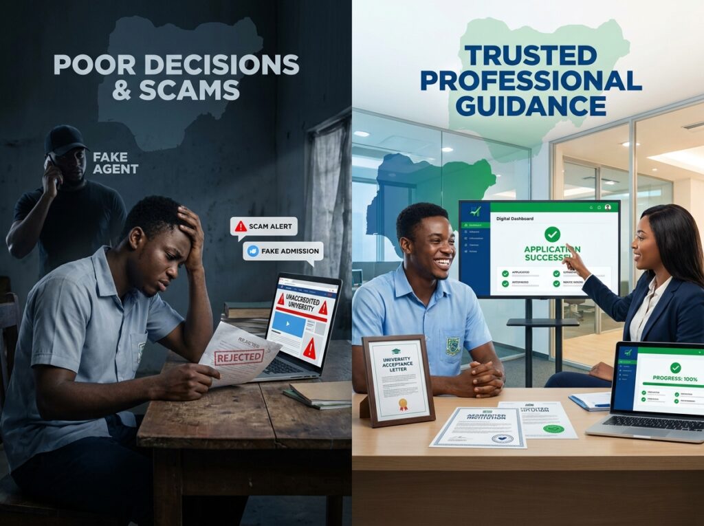 Split-screen illustration showing two contrasting student journeys. Left side: Fake admission agents Social media scams Unaccredited institutions Rejected applications Student looking confused Right side: Accredited university guidance Verified documents Professional admissions advisor Successful admission offer Happy student preparing for university Professional Nigerian context with realistic university admissions environment.