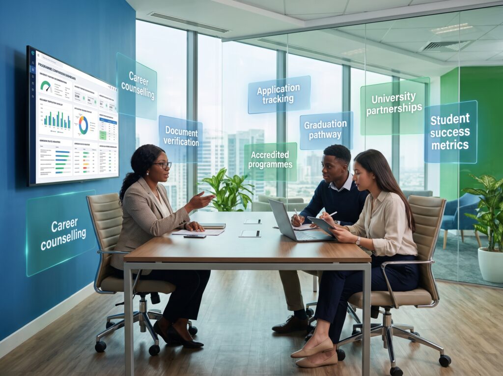 A modern counselling session inside an education consultancy office where an advisor helps Nigerian students compare accredited university programmes using a digital admissions dashboard. Include: Career counselling Programme comparison Application tracking Document verification University partner recommendations Admission progress timeline Professional, trustworthy, student-focused atmosphere highlighting guided admission support.