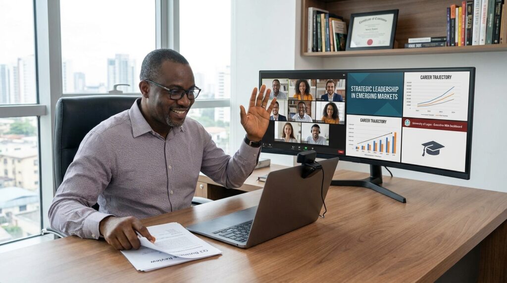 A Nigerian working professional attending an online MBA lecture from a modern home office while simultaneously reviewing business reports and participating in a virtual classroom. Large screen displaying business analytics, leadership topics, university dashboard, graduation cap, and career progression graphics. Premium executive education environment emphasizing flexibility, leadership, and career growth.