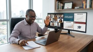A Nigerian working professional attending an online MBA lecture from a modern home office while simultaneously reviewing business reports and participating in a virtual classroom. Large screen displaying business analytics, leadership topics, university dashboard, graduation cap, and career progression graphics. Premium executive education environment emphasizing flexibility, leadership, and career growth.