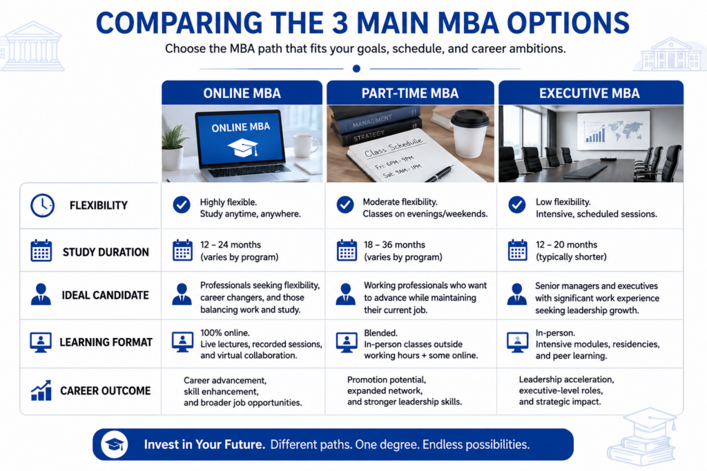 Professional infographic comparing the three main MBA options. Include sections for: Online MBA Part-Time MBA Executive MBA Compare: Flexibility Study Duration Ideal Candidate Learning Format Career Outcome Clean corporate education layout with business icons and university-themed visuals.