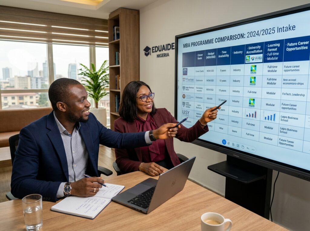 Business professional consulting with an education advisor while reviewing MBA programme comparison charts on a large digital display. Include evaluation factors: Career Goals Budget Time Availability Industry University Accreditation Learning Format Future Career Opportunities Professional consultation environment designed for ambitious Nigerian professionals.
