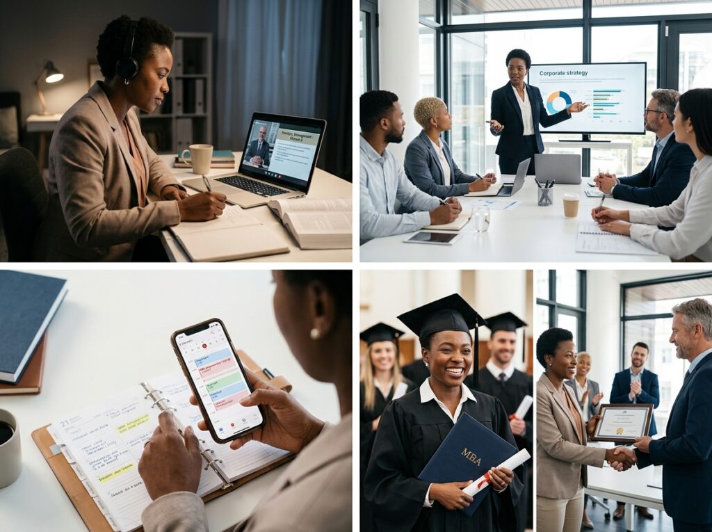 African executive balancing work and education. Show: Laptop with virtual MBA lecture Office meeting Calendar management Business leadership Career promotion Graduation achievement Visual storytelling demonstrating work-study balance and professional development.