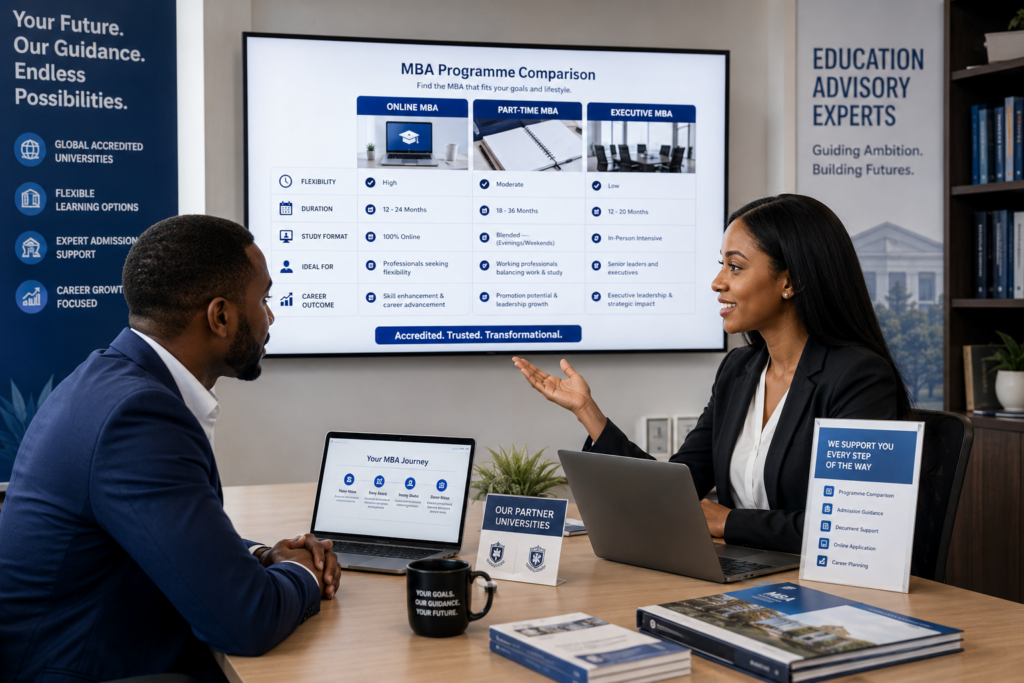Professional education advisory office helping experienced professionals compare MBA options from accredited partner universities. Include: Programme comparison dashboard Admission guidance Career planning Document support University recommendations Online application process Modern, premium higher education consultation environment.
