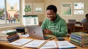 A Nigerian university student happily reviewing scholarship and grant opportunities on a laptop while surrounded by academic books, scholarship documents, graduation cap, and financial planning materials. Background features university campus imagery, education funding icons, and digital scholarship application dashboards. Bright, hopeful atmosphere focused on affordable higher education.