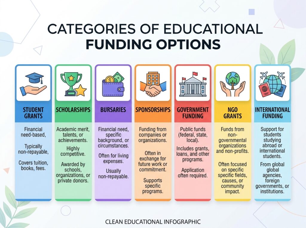 Educational infographic categorising available funding options. Include: Student Grants Scholarships Bursaries Sponsorships Government Funding NGO Grants International Funding Use colourful icons with clear explanations and pathways leading toward university education.