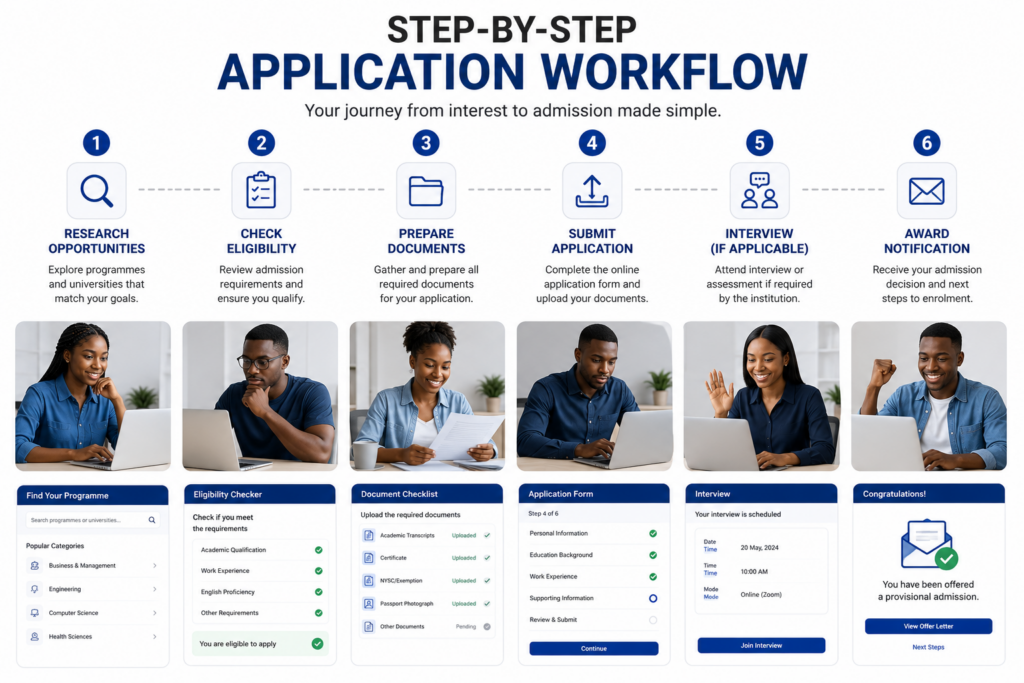 A step-by-step application workflow. Include: Research Opportunities Check Eligibility Prepare Documents Submit Application Interview (if applicable) Award Notification Modern digital application interface with Nigerian students completing online forms.