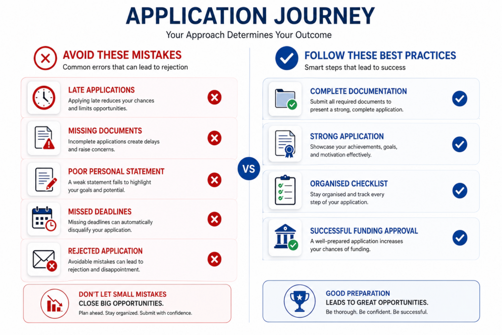 Split-screen comparison. Left: Late applications Missing documents Poor personal statement Missed deadlines Rejected application Right: Complete documentation Strong application Organised checklist Successful funding approval Clean educational design illustrating best practices.