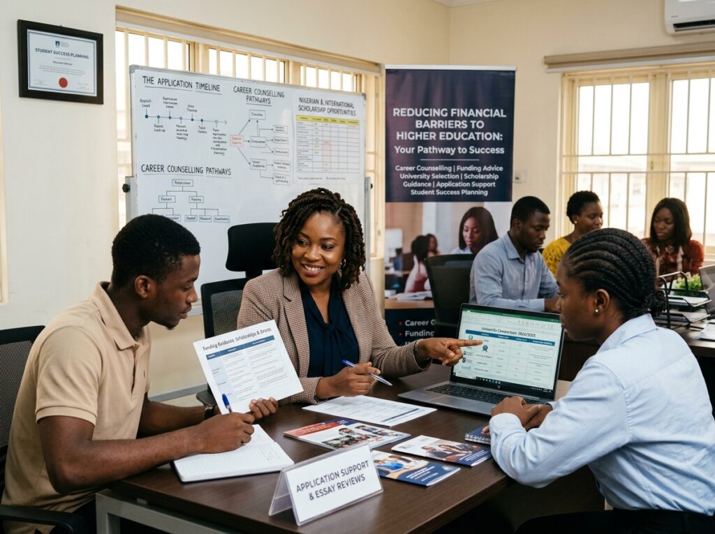 Education advisor assisting students with university selection, scholarship opportunities, admission planning, and funding guidance. Include: Career counselling Funding advice University comparison Application support Scholarship guidance Student success planning Professional education consultancy environment focused on reducing financial barriers.