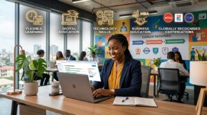 A young Nigerian professional studying online using a laptop in a modern workspace while viewing multiple accredited learning platforms, university dashboards, professional certification programmes, online degree pathways, and career progression graphics. Include icons representing flexible learning, digital education, technology skills, business education, and globally recognised certifications. Bright, modern environment focused on lifelong learning and career advancement.